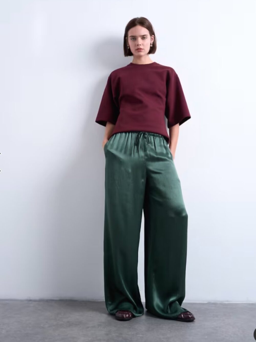 Topshop NWT Green Satin Crinkle Wide Leg Pants Size 10